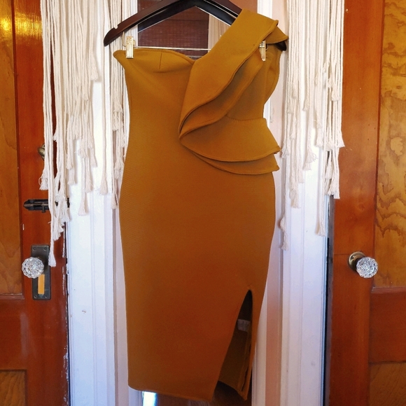 Mustard One Shoulder Sleeveless Bandage Dress - Picture 1 of 6